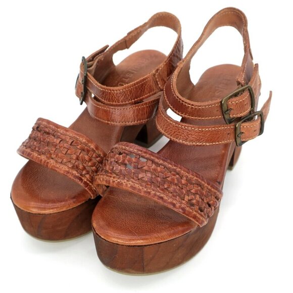Bed Stu Kenya Cognac Leather Heeled Wooded Chunky Platform Sandals Women's 7.5 - Picture 4 of 8
